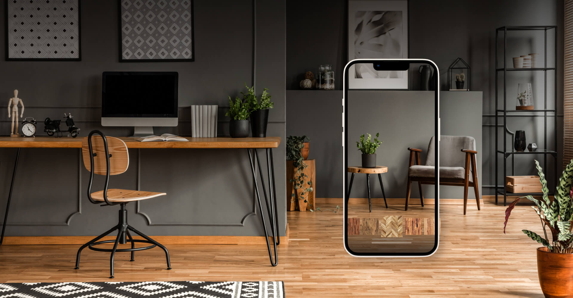 Room scene with mobile phone to show how our room visualizer tool works. 