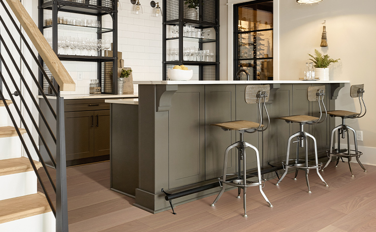 hardwood flooring in basement wet bar